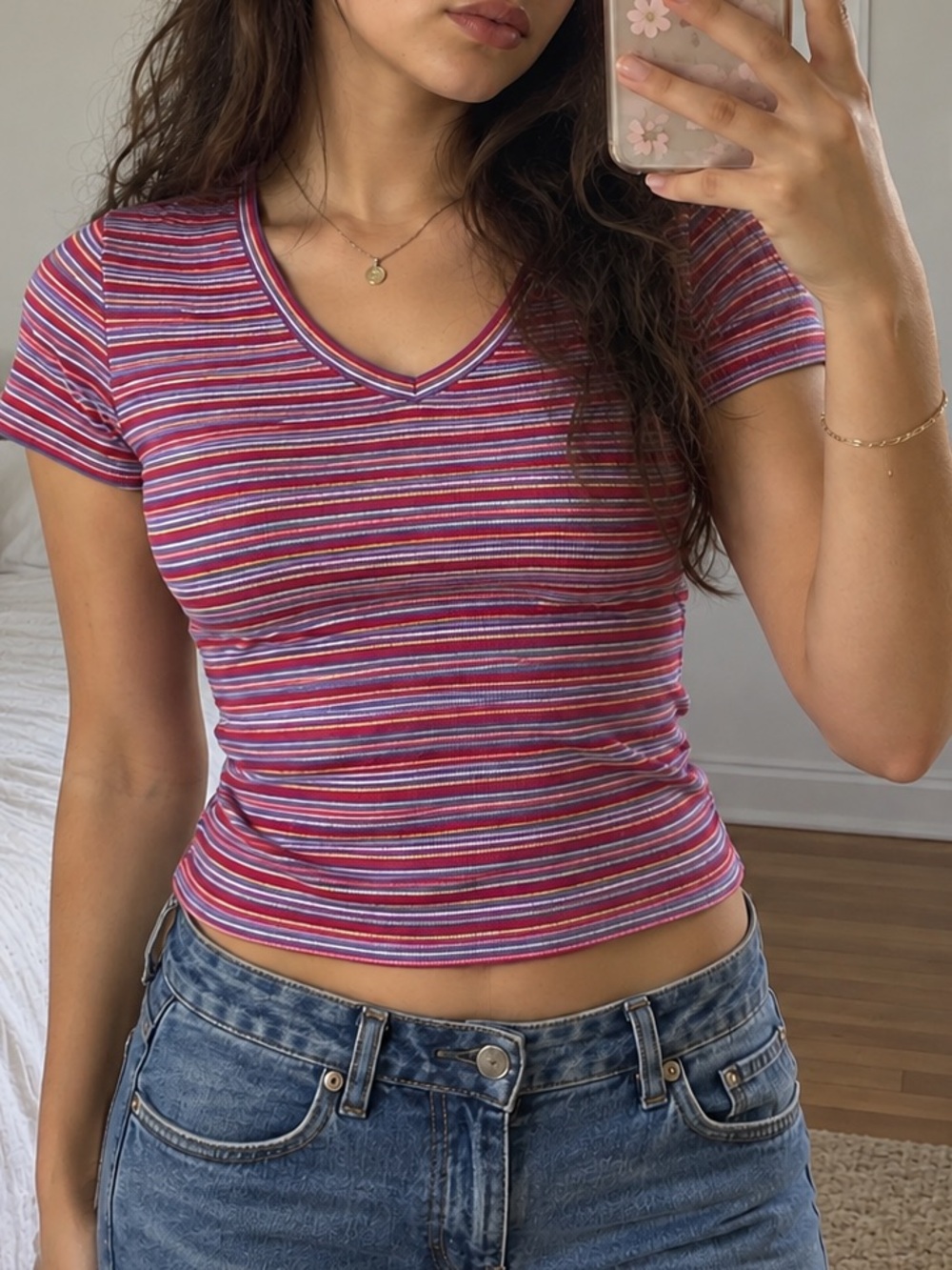 Buffalo David Bitton Y2K Multicolor Striped V Neck T-Shirt Top Baby Tee Size M